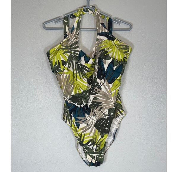 Lands End Tropical Print One Piece Swimsuit Womens 18 Swim Palm Leaf Hawaiian - Picture 2 of 8